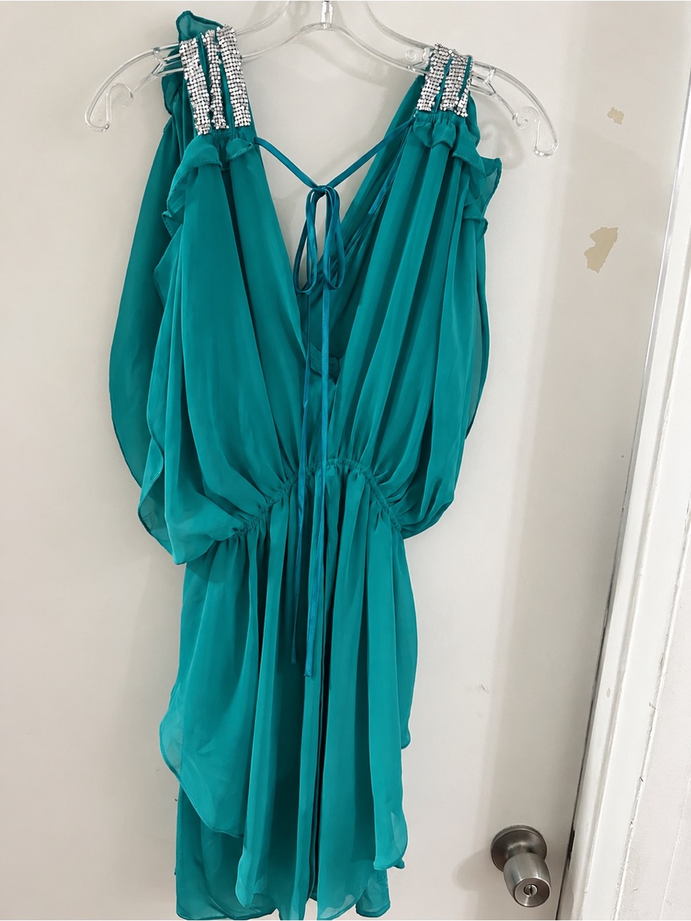 Teal Chiffon Cocktail Dress with Embellished Straps